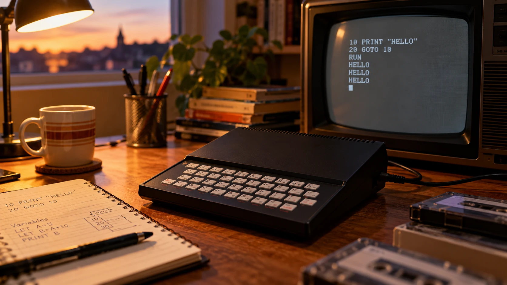 Illustration originale d'une scène de micro-informatique des années 1980 avec ordinateur compact, téléviseur cathodique et programmation BASIC
