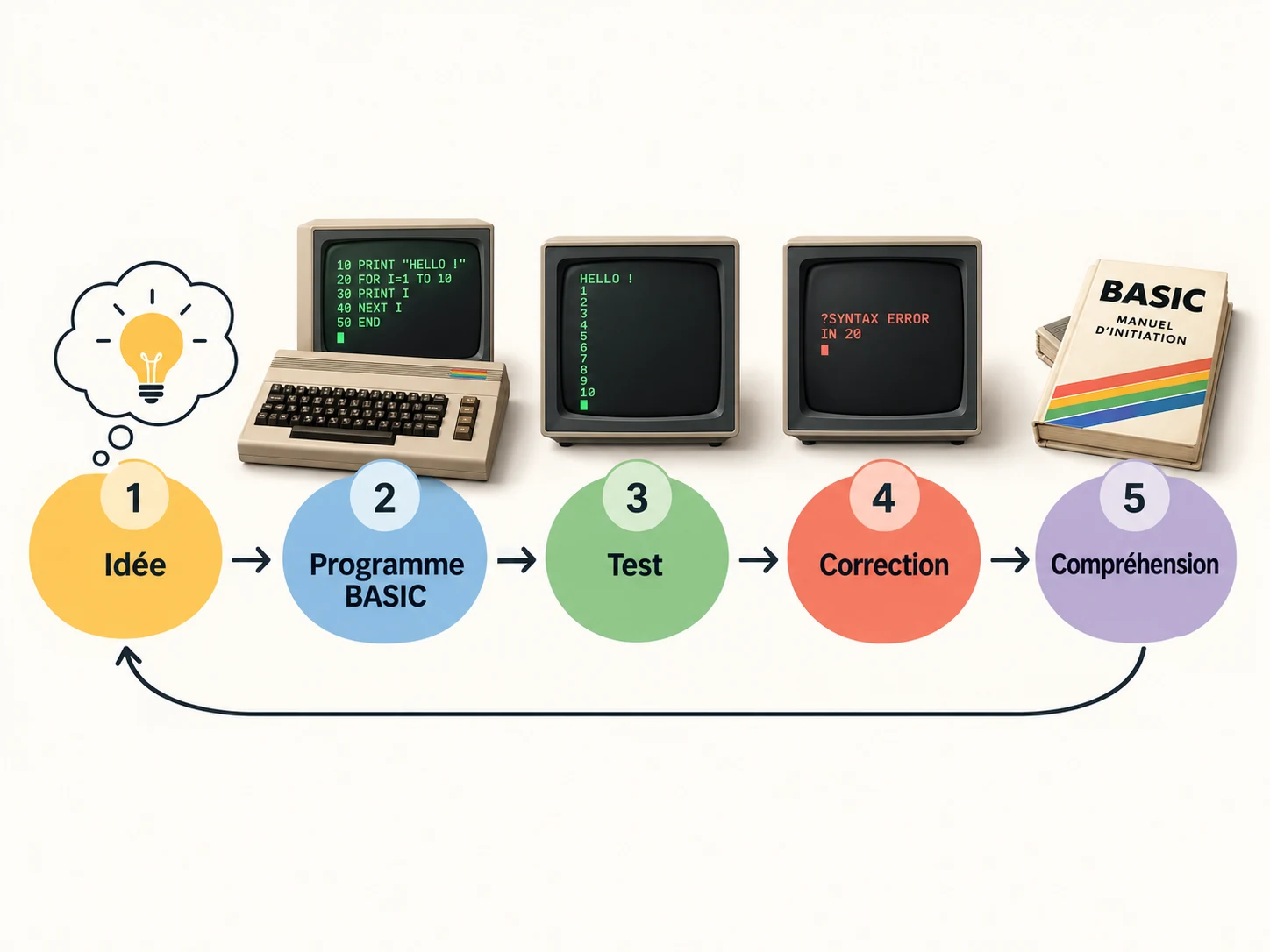 Infographie originale montrant le cycle idée, programme BASIC, test, correction et compréhension